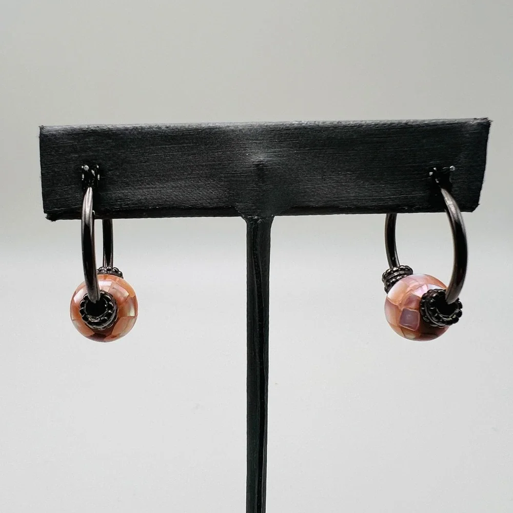 Gunmetal Hoop Earrings with Pink Mosaic Faux Mother of Pearl Shell Beads Boho